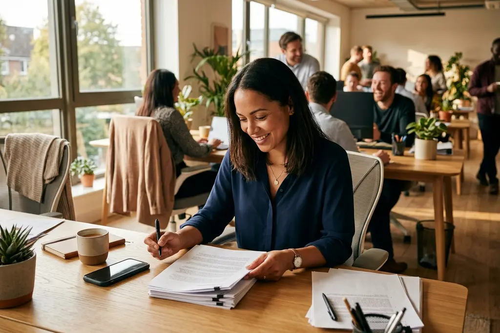 Sales professional reviewing a commission plan document at a desk