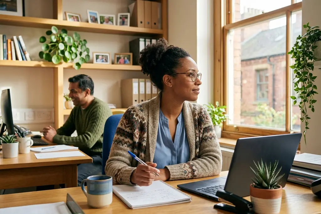 Manager writing a job description at a desk in a small UK business