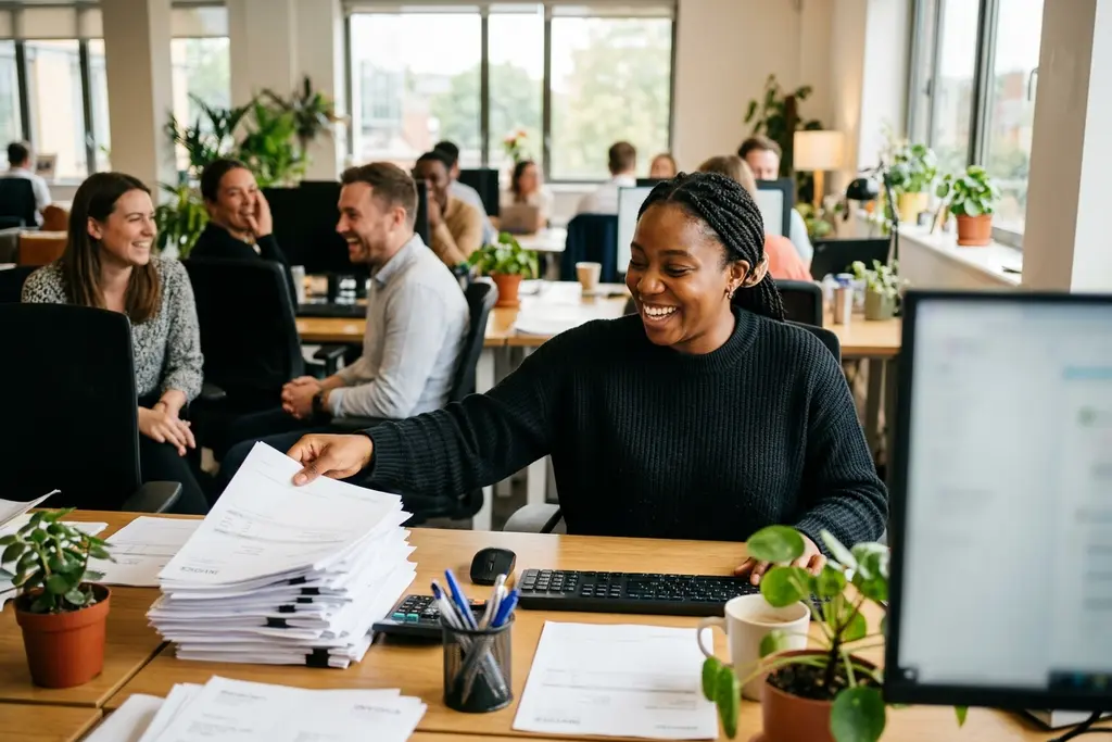 Accounting technician processing purchase invoices in a UK finance office