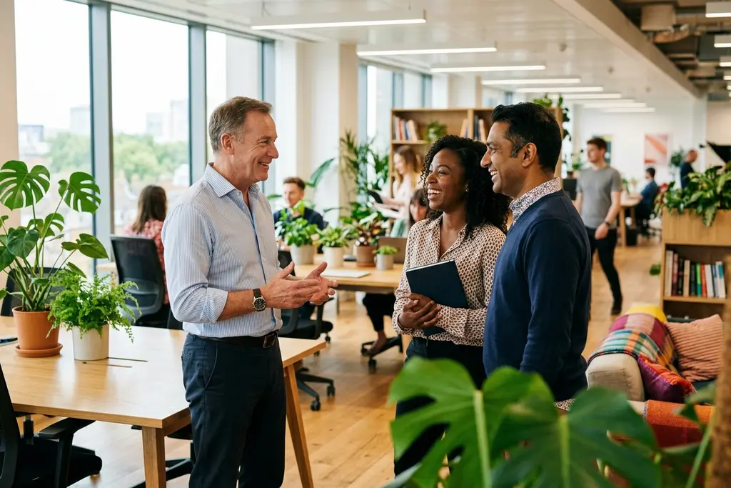 Chief executive talking with staff on the floor of a UK business