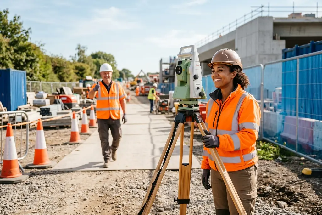 Civil engineer surveying on a UK infrastructure construction site