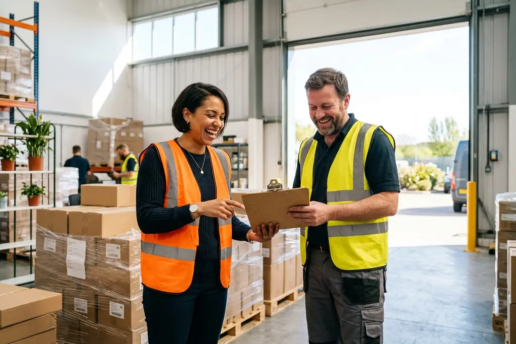 Procurement manager meeting a supplier beside pallets in a UK warehouse