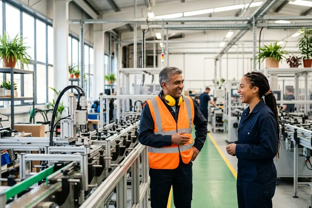 Production manager on the floor of a UK manufacturing plant during a shift