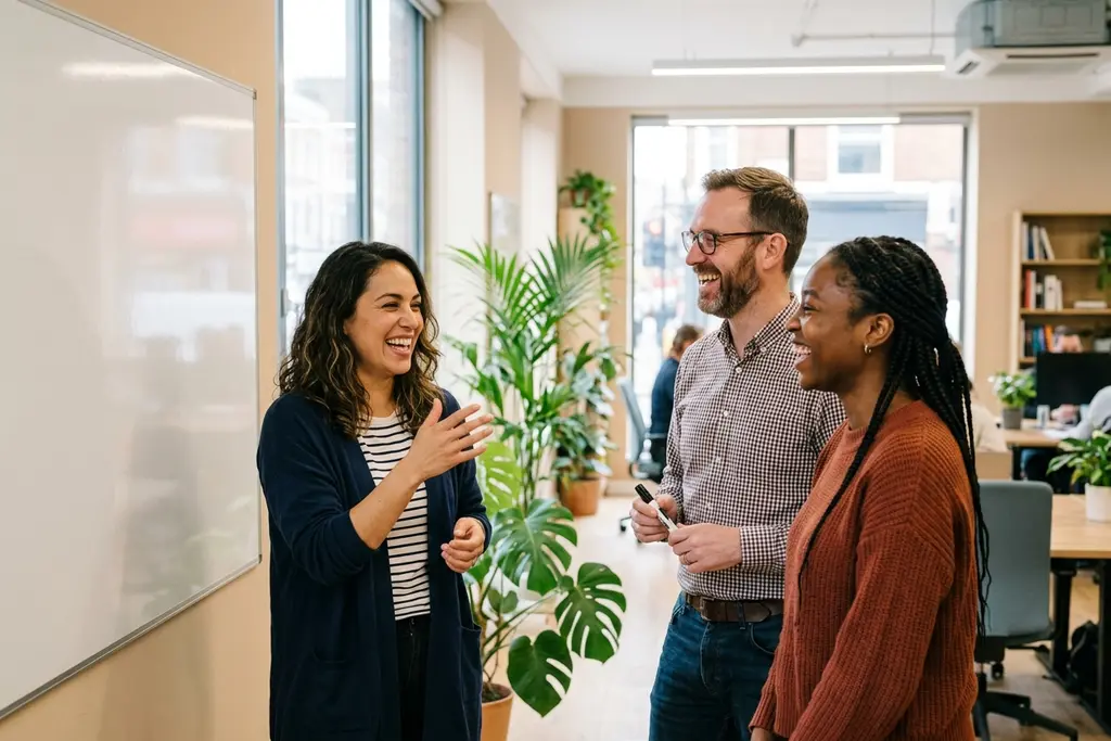 Business development team working through a sales pipeline at a whiteboard in a UK office