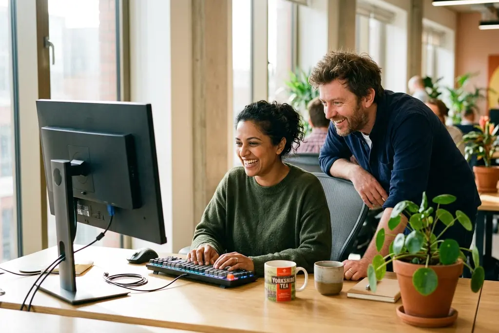 Software developers reviewing code together at a desk in a UK technology office